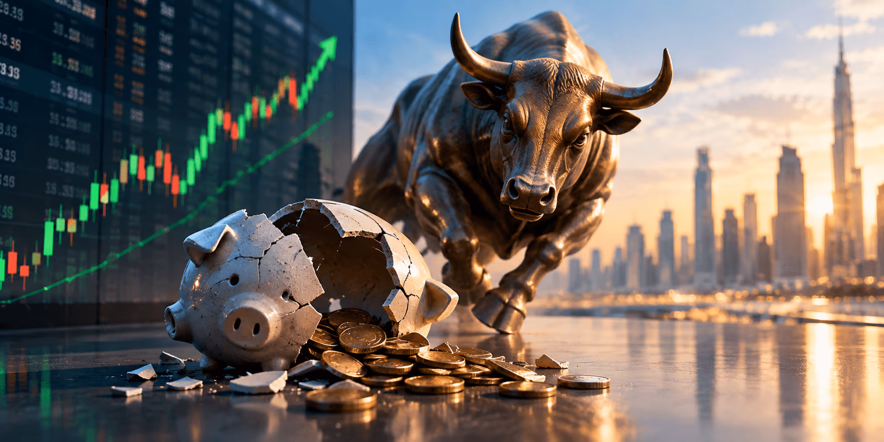 Broken piggy bank beside a charging bull and rising market chart, illustrating how poor investment decisions can still lead to losses in a bull market.