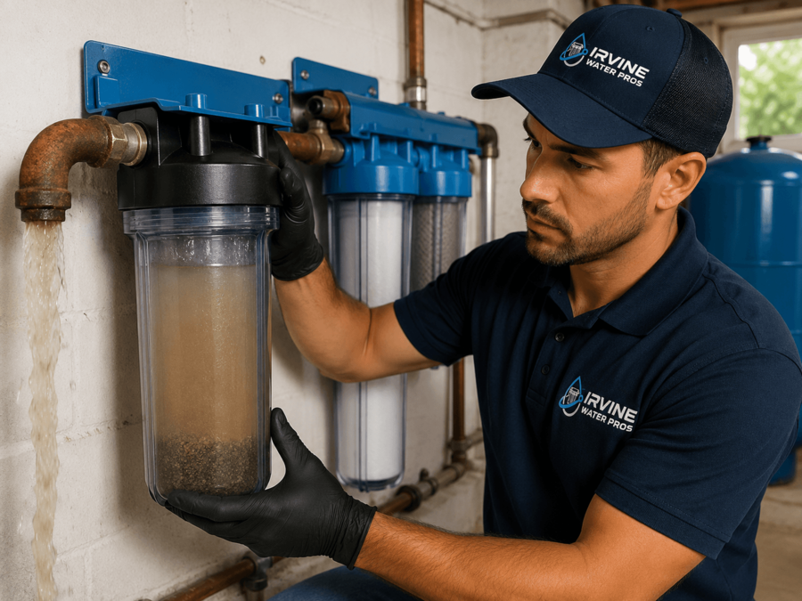 Irvine Water Pros - Irvine, California technician servicing a sediment filtration system to remove dirt and debris from household water.