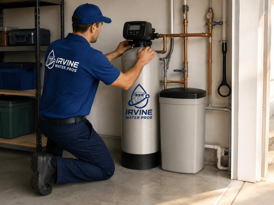 Irvine Water Pros - Irvine, California technician installing a water softener system to reduce hard water and protect household plumbing.