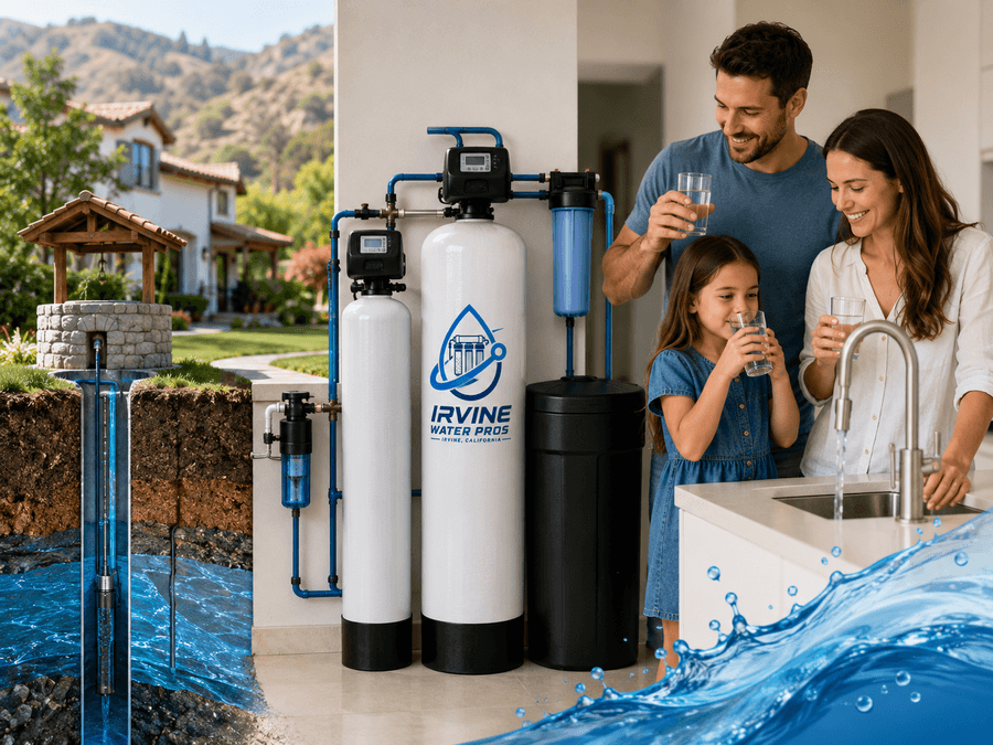 Irvine Water Pros - Irvine, California technician installing a well water filtration and treatment system for cleaner household water.
