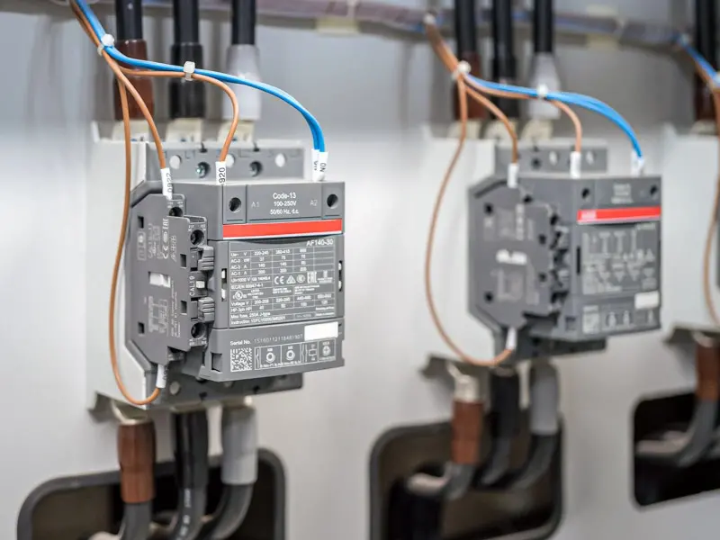Nahaufnahme von elektrischen Schaltkomponenten mit Kabeln in einem Schaltschrank.