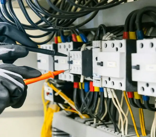 Elektriker testet elektrische Anschlüsse mit Messgerät an einem Schaltkasten.