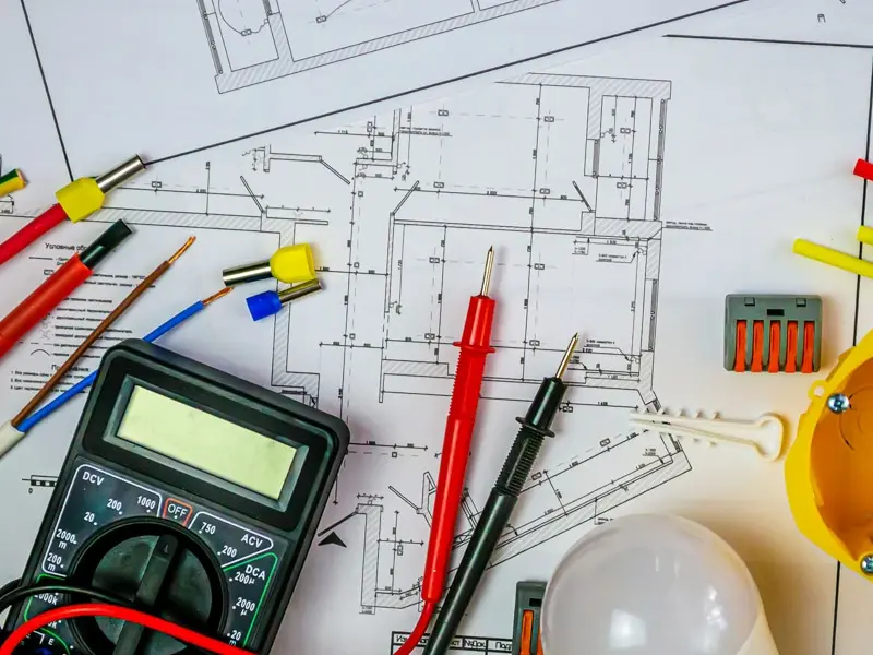 Elektrische Komponenten und Messgerät liegen auf technischen Plänen für Elektroinstallation.