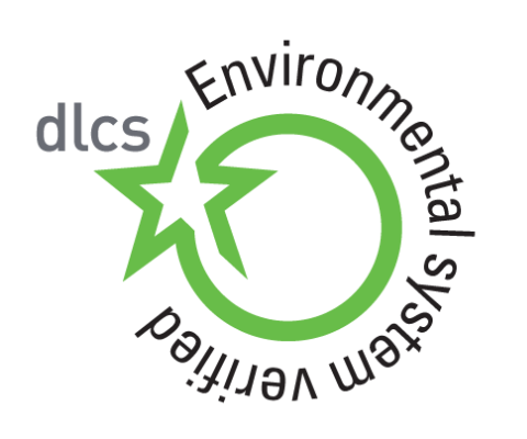 Logo featuring a green outlined star overlapping a green circular shape with the text 'dlcs' in gray and 'Environmental system verified' in black curved around the circle.