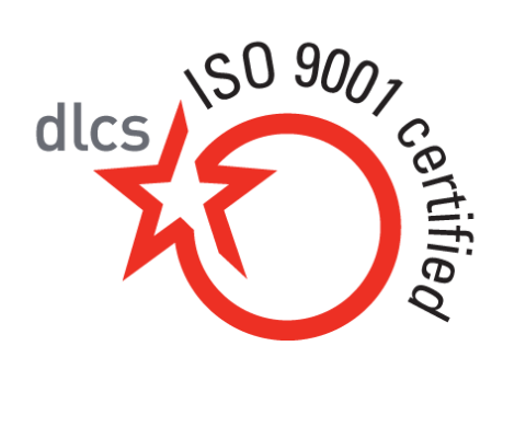 Red star connected to a red circle with black text reading 'dlcs ISO 9001 certified' curving around the circle.