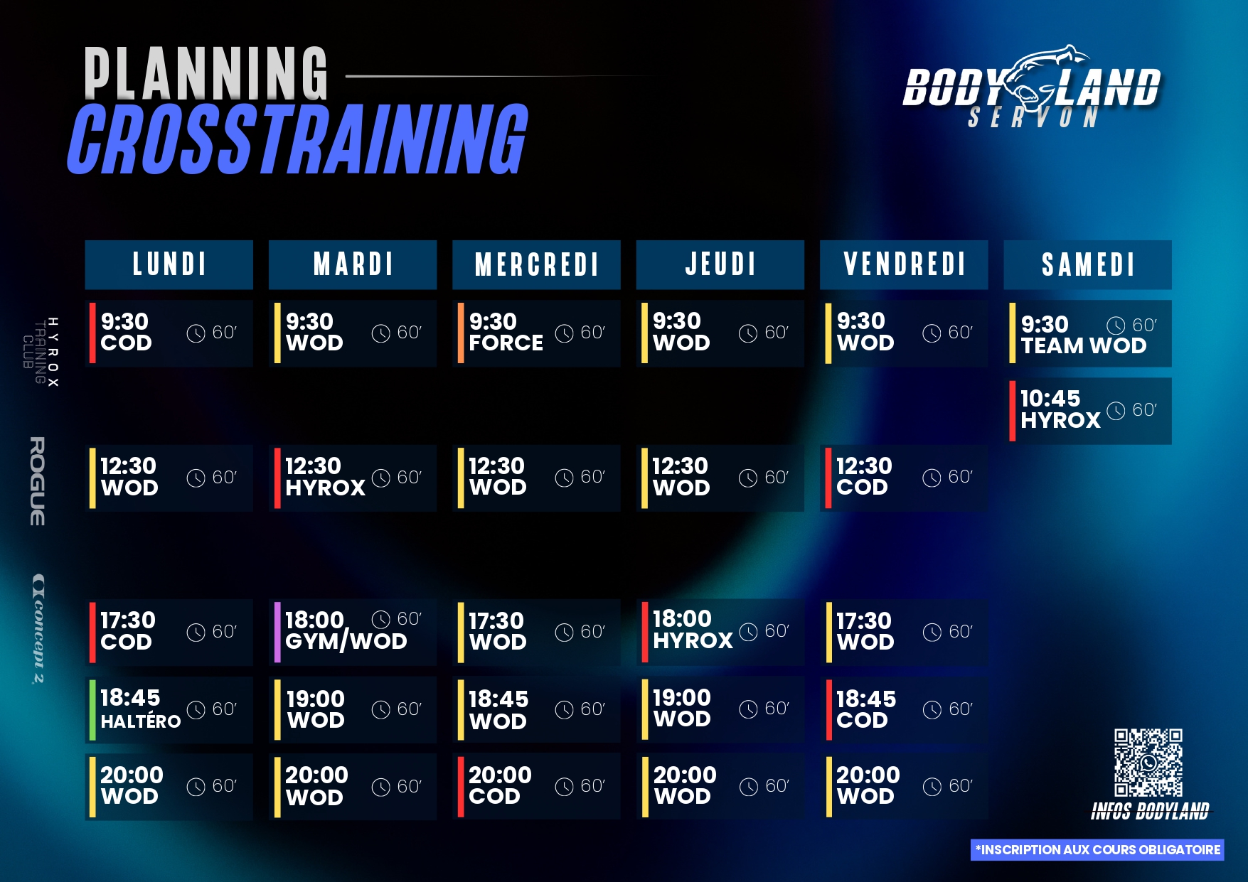 Planning CrossTraining / Hyrox Bodyland Servon — horaires de la semaine