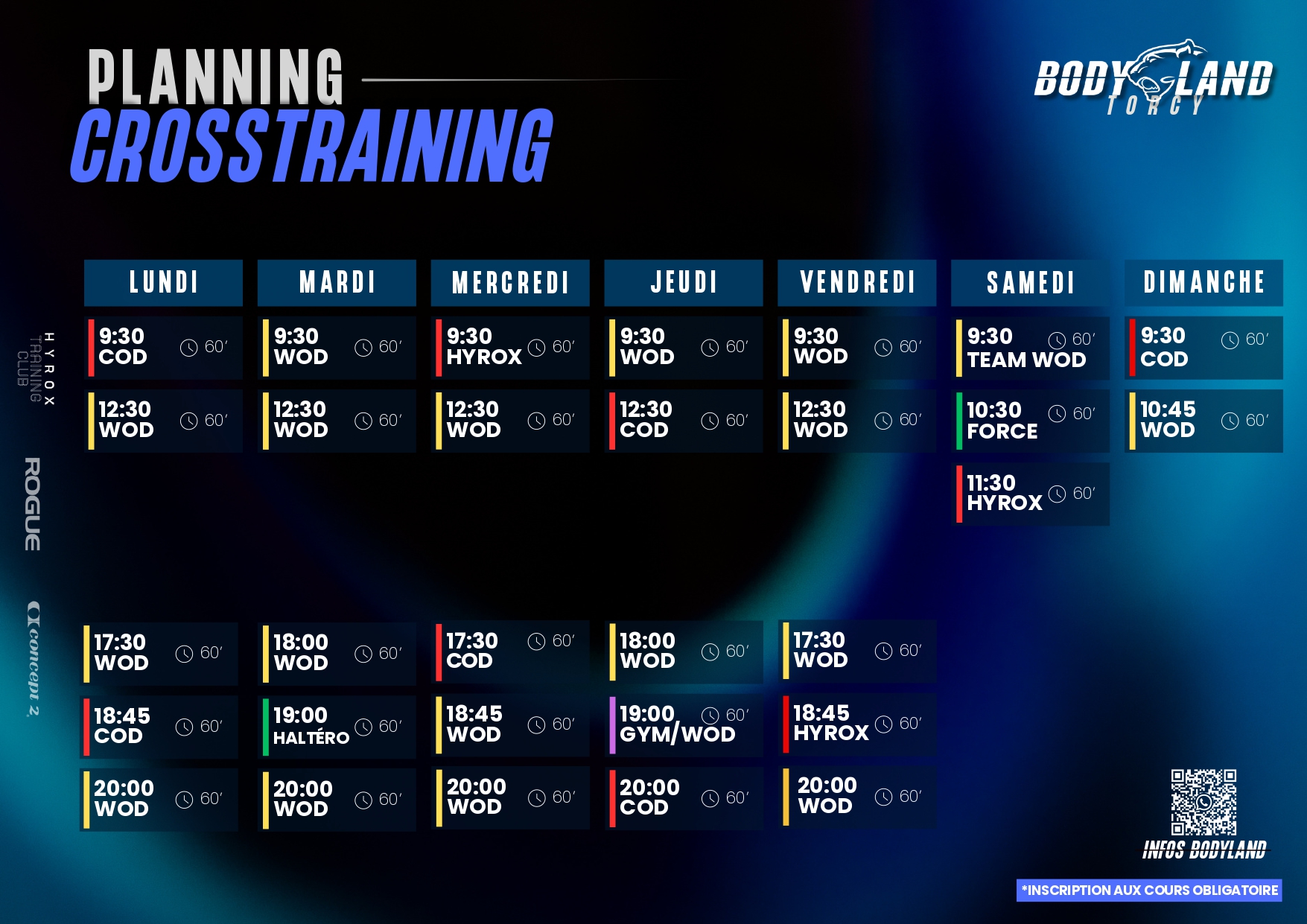 Planning CrossTraining / Hyrox Bodyland Torcy — horaires de la semaine