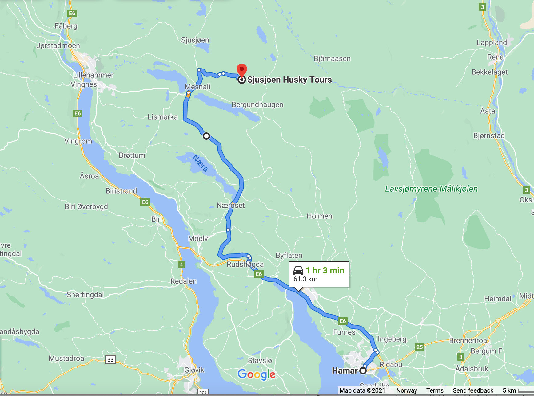 Map of the driving route from Oslo: leave the E6 at Rudshøgda and follow signs to Sjusjøen via Mesnali