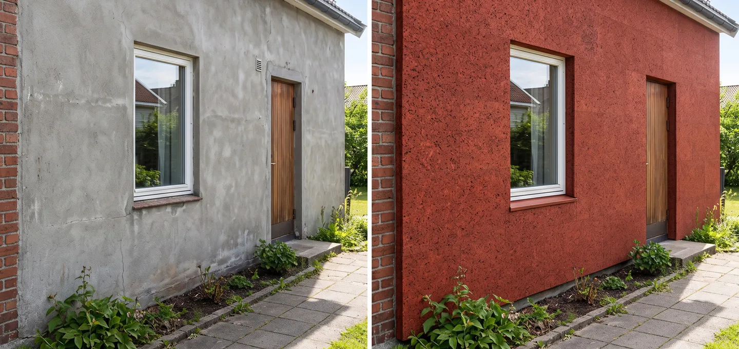 Før vs Etter eCork fasade rød