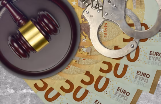 Un marteau de juge et des menottes sur plusieurs billets de 50 euros.