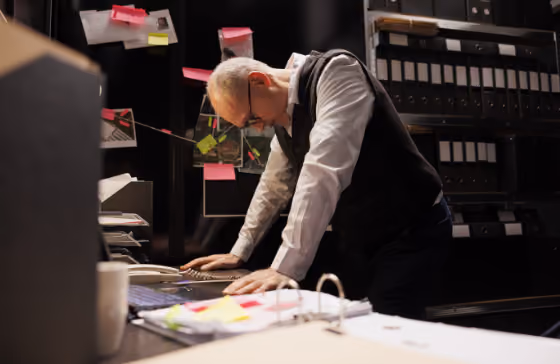 Un homme stressé penché sur un bureau chargé de dossiers et de post-it dans un bureau sombre.