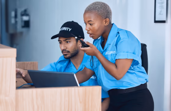 Deux agents de sécurité en uniforme bleu surveillent un écran d'ordinateur au bureau.
