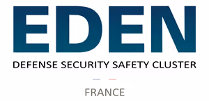 Logo EDEN avec le texte Défense Sécurité Sûreté Cluster, France en dessous