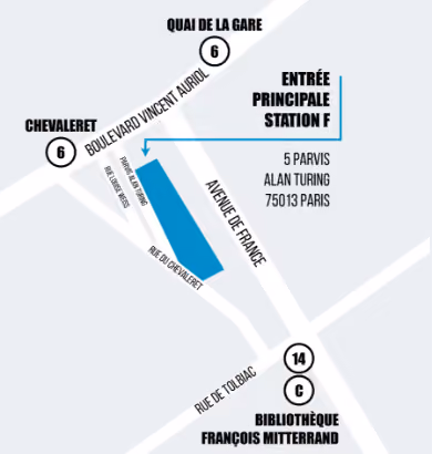Carte simplifiée indiquant l'entrée principale Station F et les rues environnantes à Paris 75013.