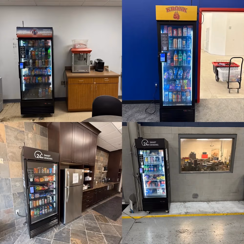 Four smart vending machines stocked with snacks and drinks in various indoor locations.