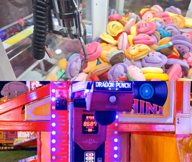 Stacked images of a claw machine with plush toys and a lit Dragon Punch arcade strength tester.