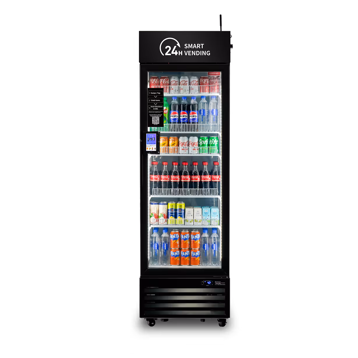 Front view of a black 24H Smart Vending cooler stocked with drinks, featuring a glass door, card reader, QR code, and auto-checkout.