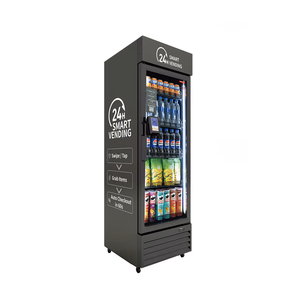 Angled side view of a gray 24H Smart Vending cooler stocked with drinks and snacks, featuring branded side panels and card reader checkout.