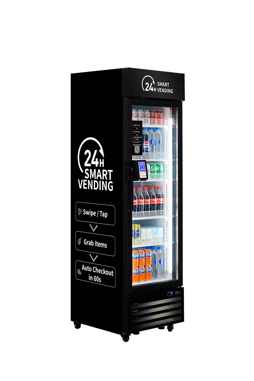 Left side view of a black 24H Smart Vending machine showing the grab-and-go checkout steps, glass display door, and stocked drink shelves.