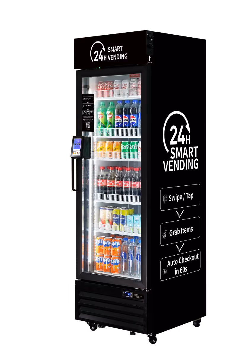 Right side view of a black 24H Smart Vending cooler with branded side graphics, stocked beverage shelves, card reader, and auto-checkout instructions.