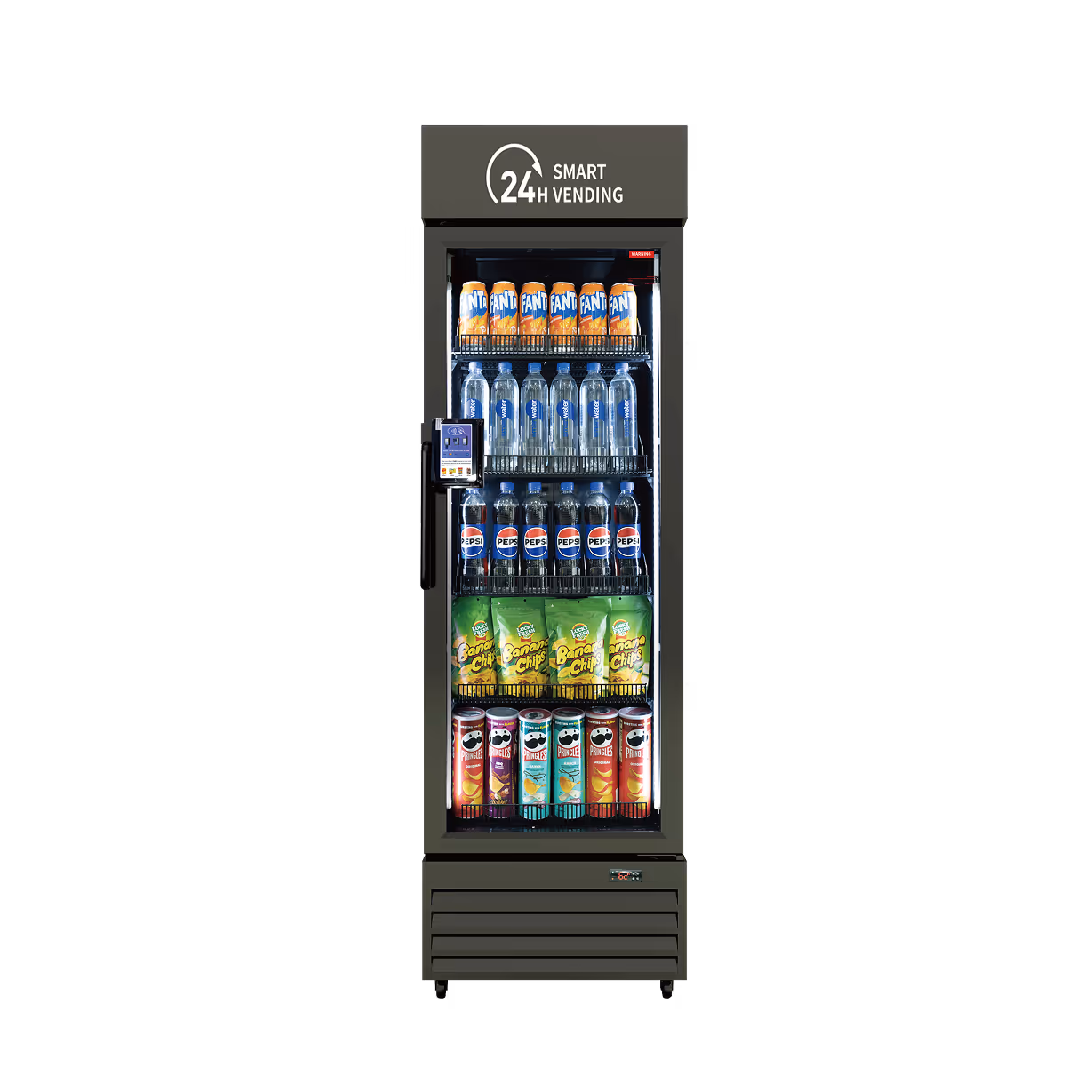Front view of a gray 24H Smart Vending cooler stocked with drinks and snacks, featuring a glass door, card reader, and self-checkout access.