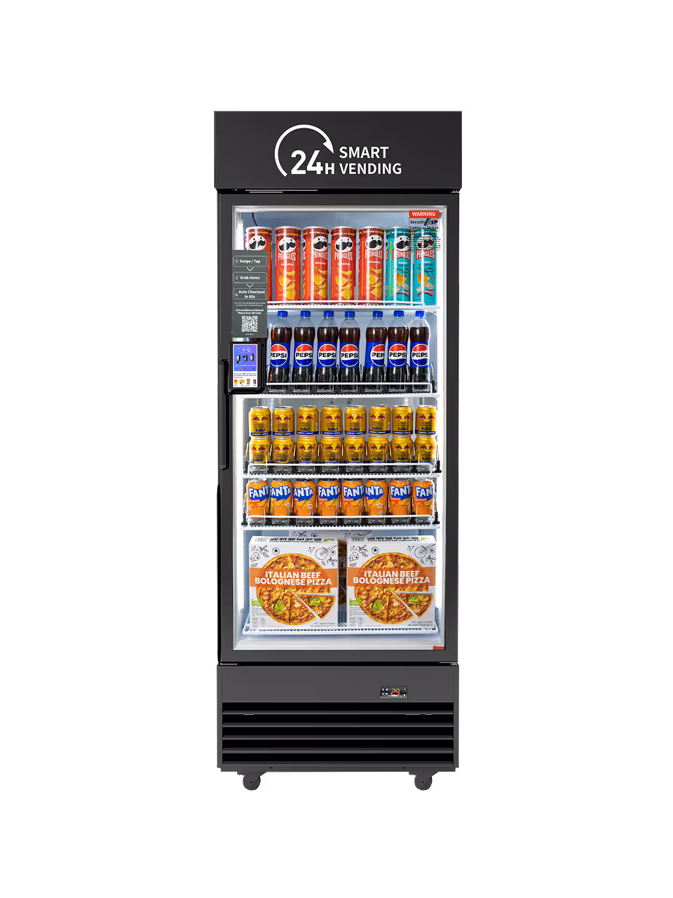 Front view of a gray 24H Smart Vending cooler stocked with drinks, snacks, and pizza, featuring a glass door, card reader, QR code, and auto-checkout.