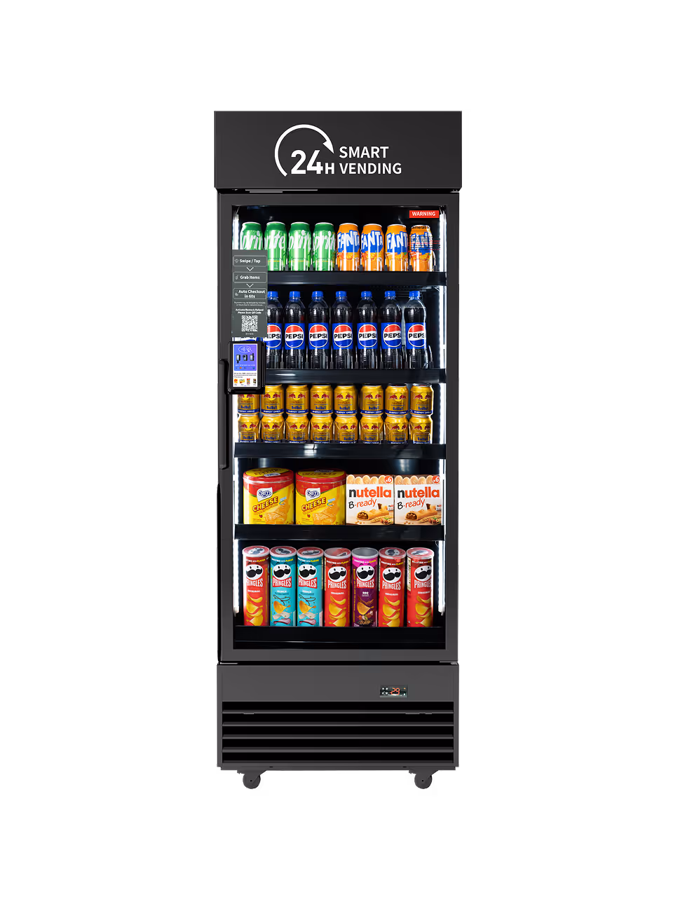 Front view of a gray 24H Smart Vending machine with black interior shelves, stocked with drinks and snacks for self-service checkout.