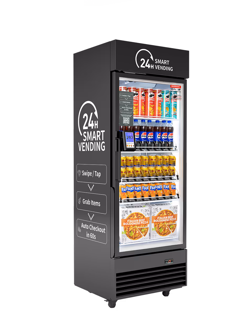 Angled side view of a gray 24H Smart Vending cooler showing branded checkout instructions, stocked shelves, glass display door, and card reader.