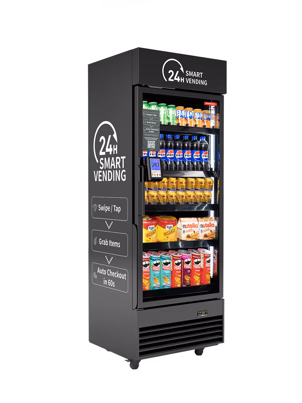 Angled side view of a gray 24H Smart Vending machine with black interior shelving, stocked drinks and snacks, side branding, and auto-checkout instructions.