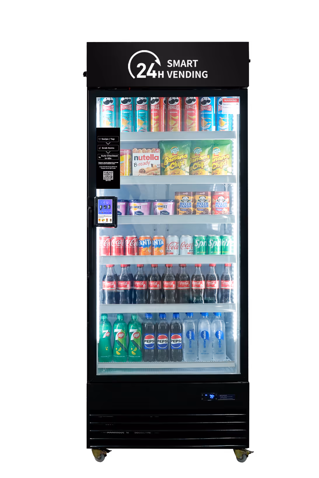 Front view of a black 24H Smart Vending cooler stocked with snacks and drinks, featuring a glass door, card reader, QR code, and auto-checkout.
