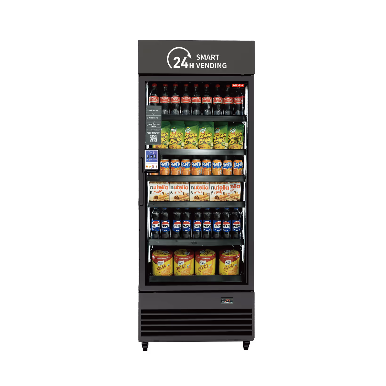 Front view of a gray 24H Smart Vending machine with black interior shelves, stocked with drinks and snacks for self-service checkout.
