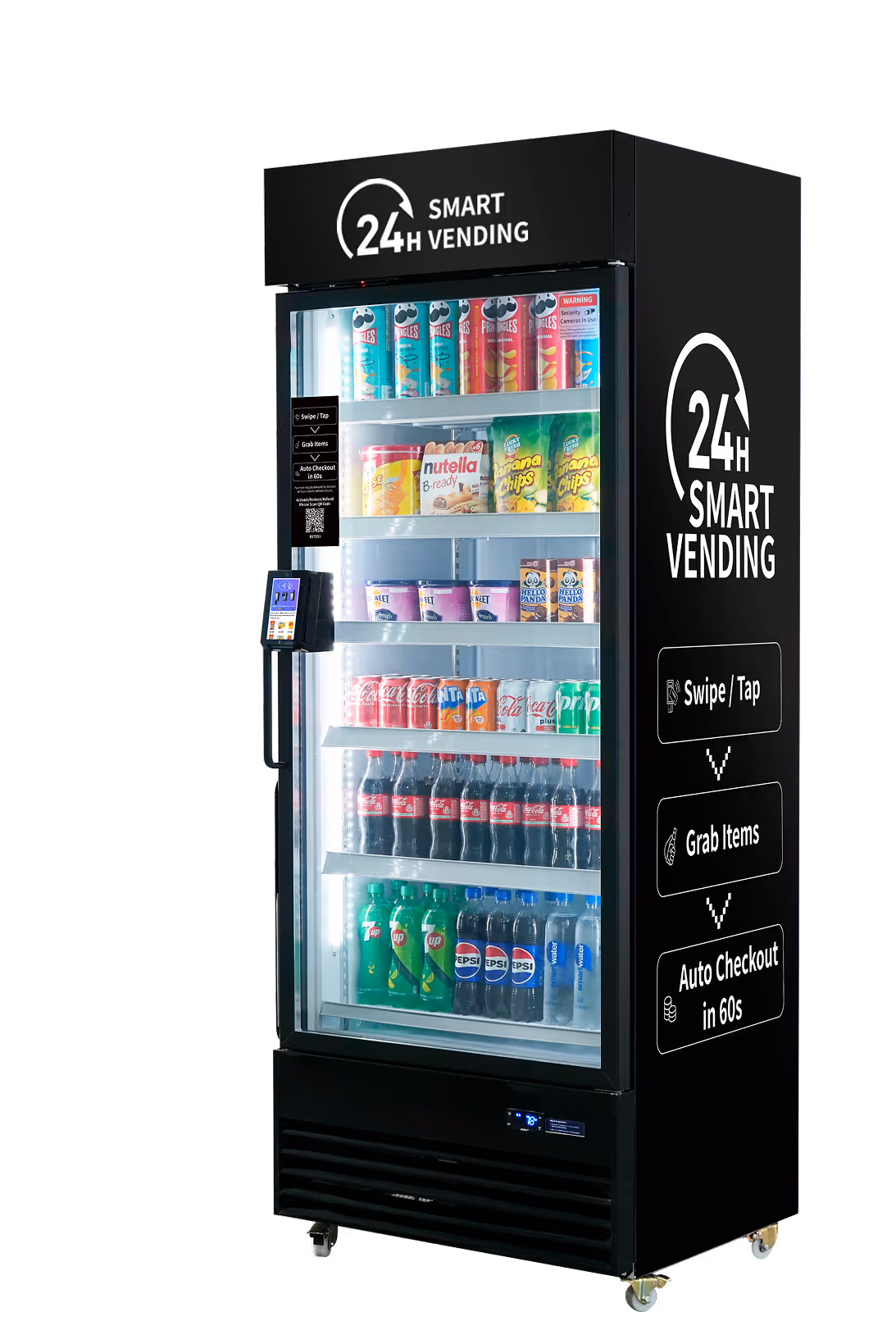 Angled right side view of a black 24H Smart Vending cooler with stocked shelves, card reader, side branding, and auto-checkout instructions.