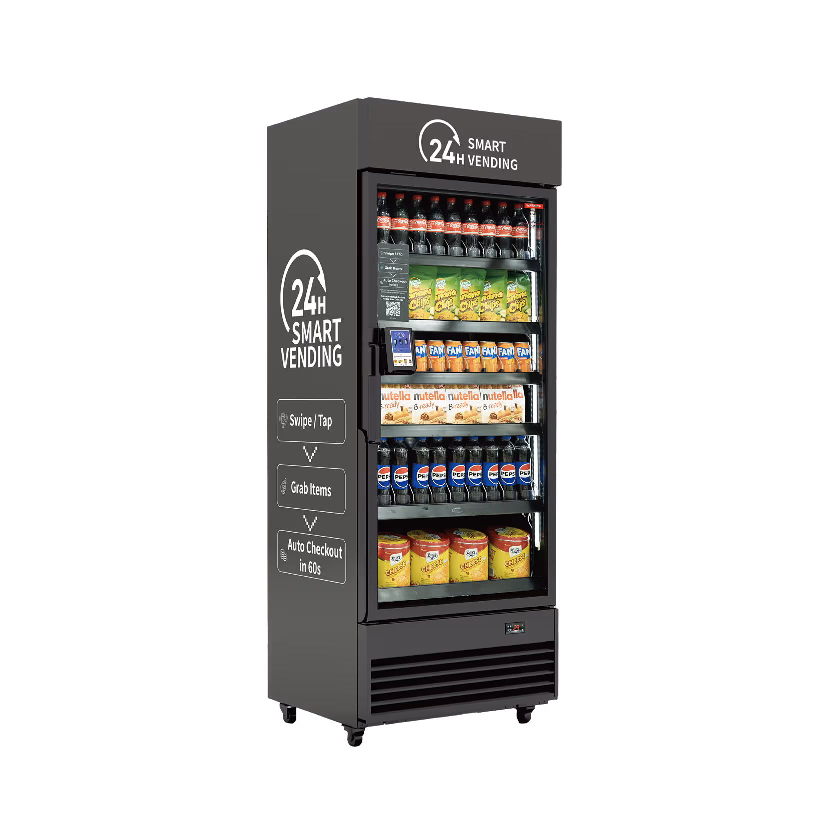 Angled side view of a gray 24H Smart Vending machine with black interior shelving, stocked snacks and drinks, and branded checkout instructions.