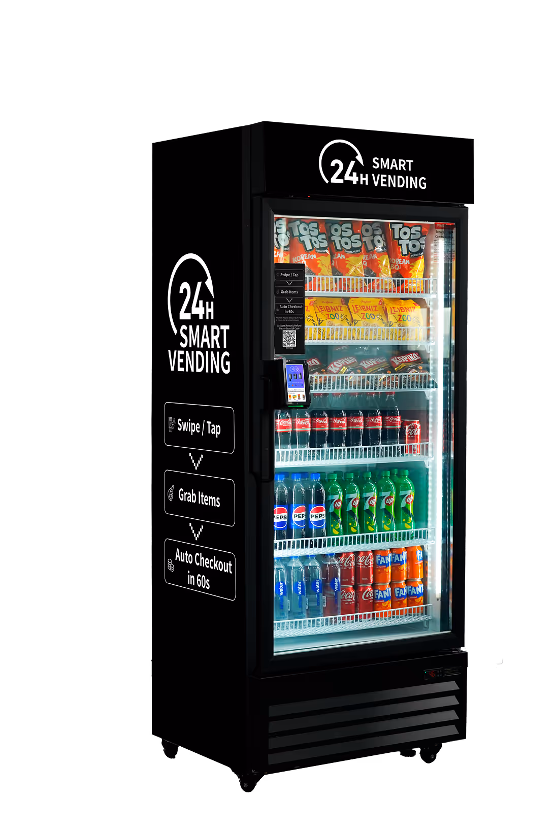 Angled left side view of a black 24H Smart Vending cooler showing side checkout instructions, glass door, card reader, snacks, and drinks.