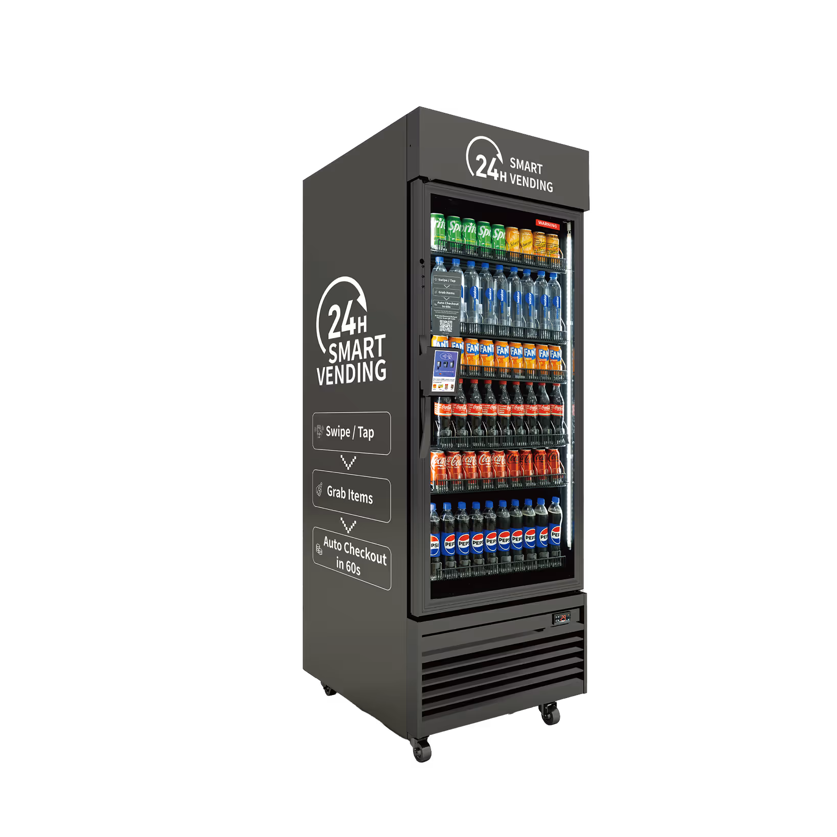 Angled side view of a gray 24H Smart Vending cooler with black interior shelving, stocked beverage rows, branded side panel, and card reader.
