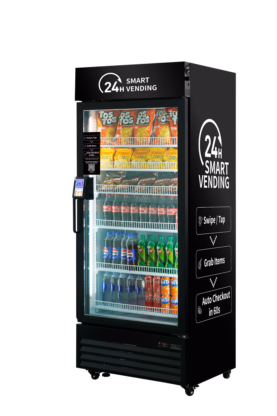 Angled right side view of a black 24H Smart Vending machine with branded side graphics, stocked shelves, card reader, and auto-checkout steps.
