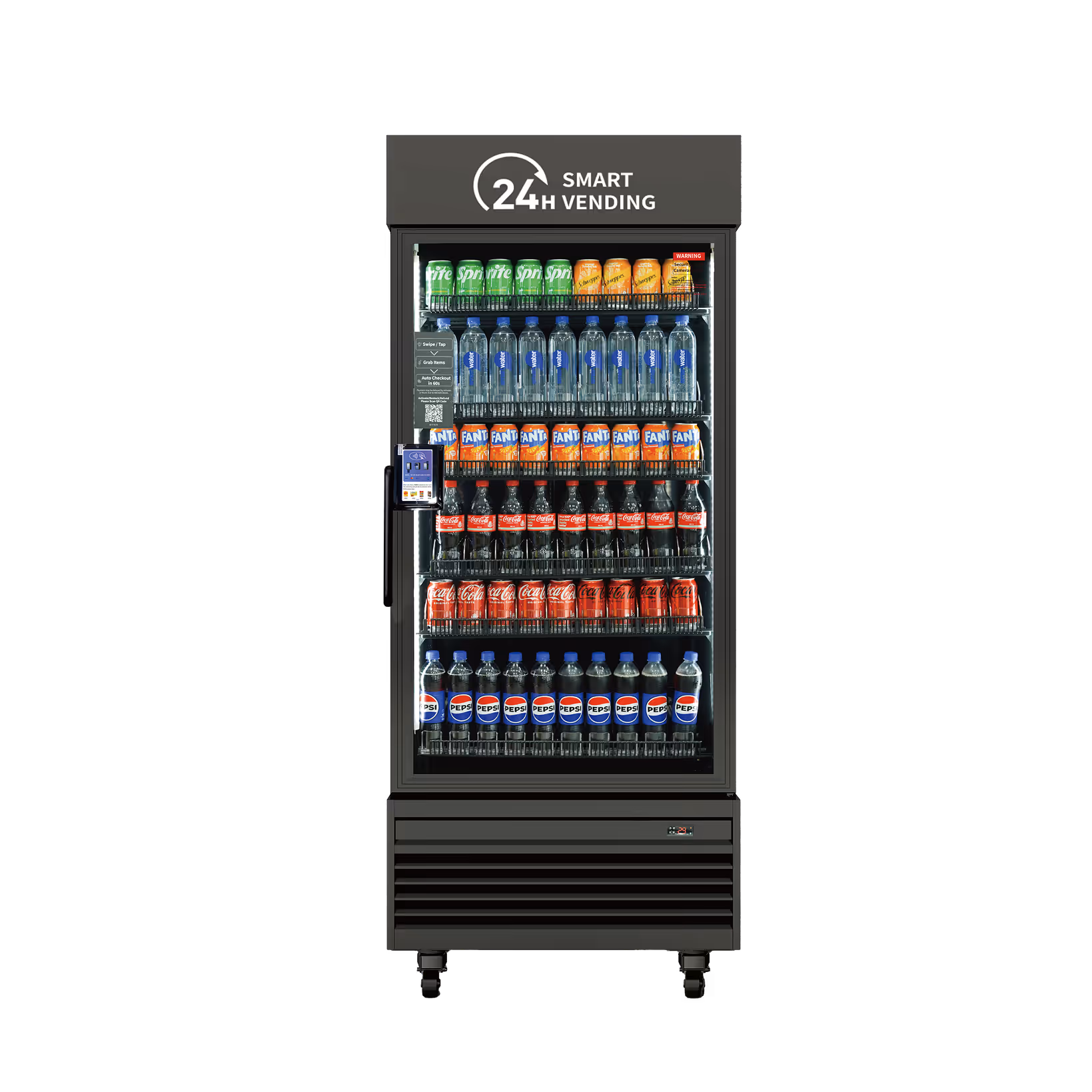 Front view of a gray 24H Smart Vending machine with black interior shelves stocked with bottled water, soda cans, and Pepsi beverages.