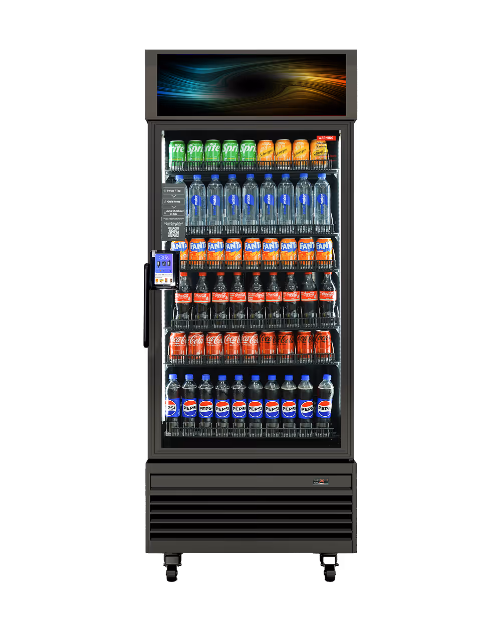 Front view of a gray smart vending cooler with black interior shelves, stocked drinks, card reader, and digital header display.