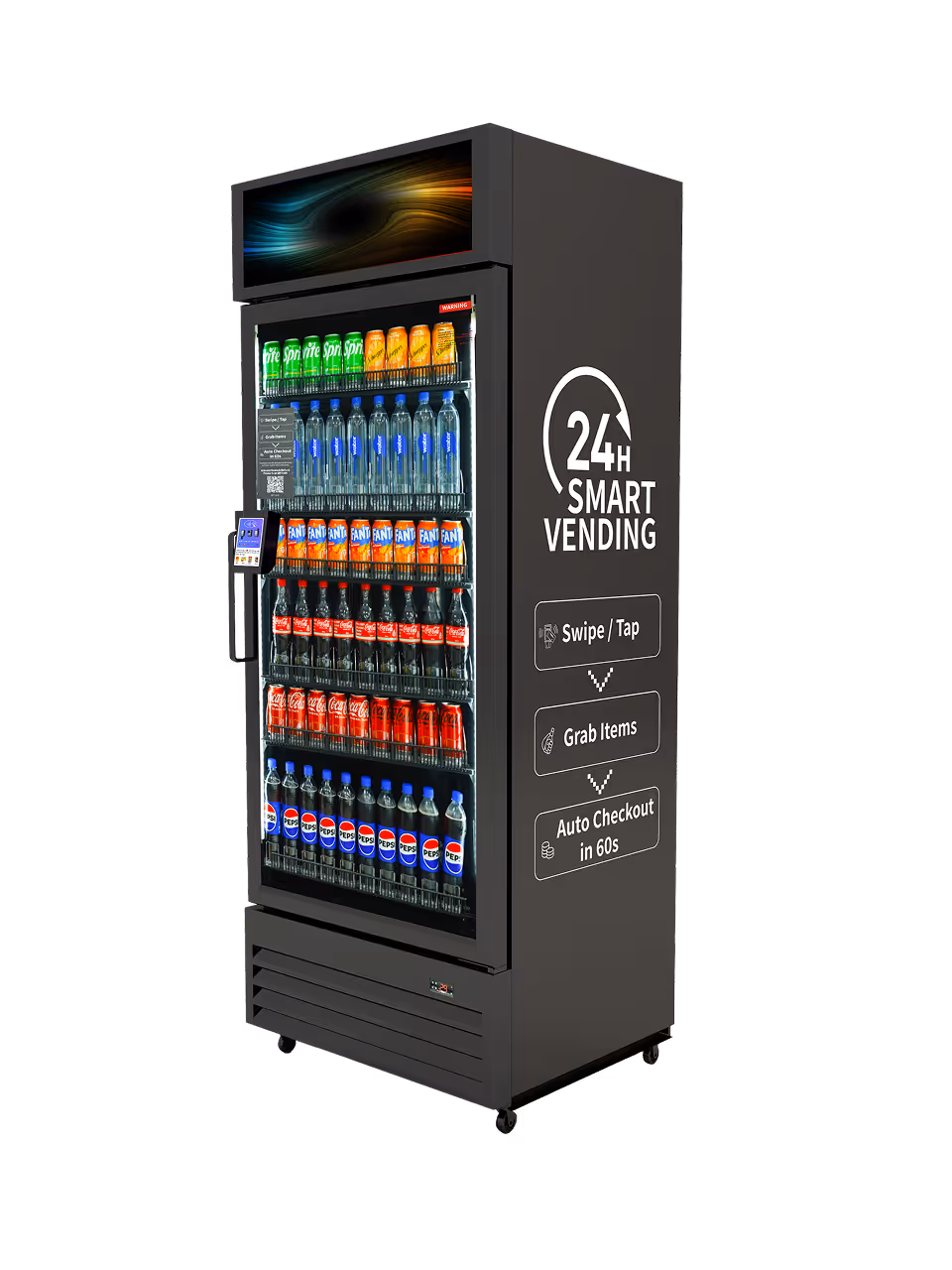 Angled side view of a gray smart vending cooler with digital header display, branded side checkout instructions, card reader, and stocked drinks.