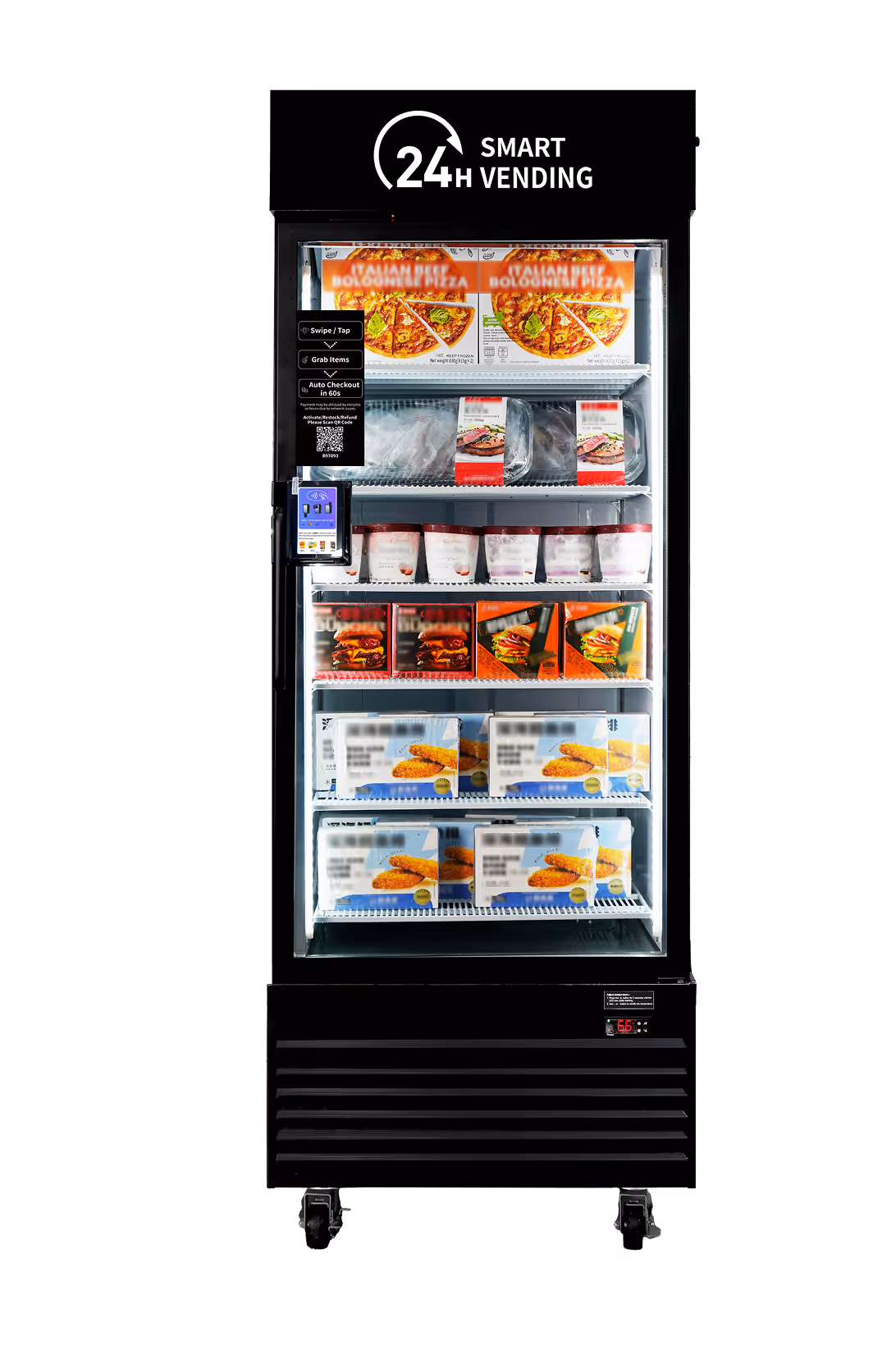 Front view of a black 24H Smart Vending freezer stocked with frozen meals, pizza, and packaged food, with card reader and QR checkout.