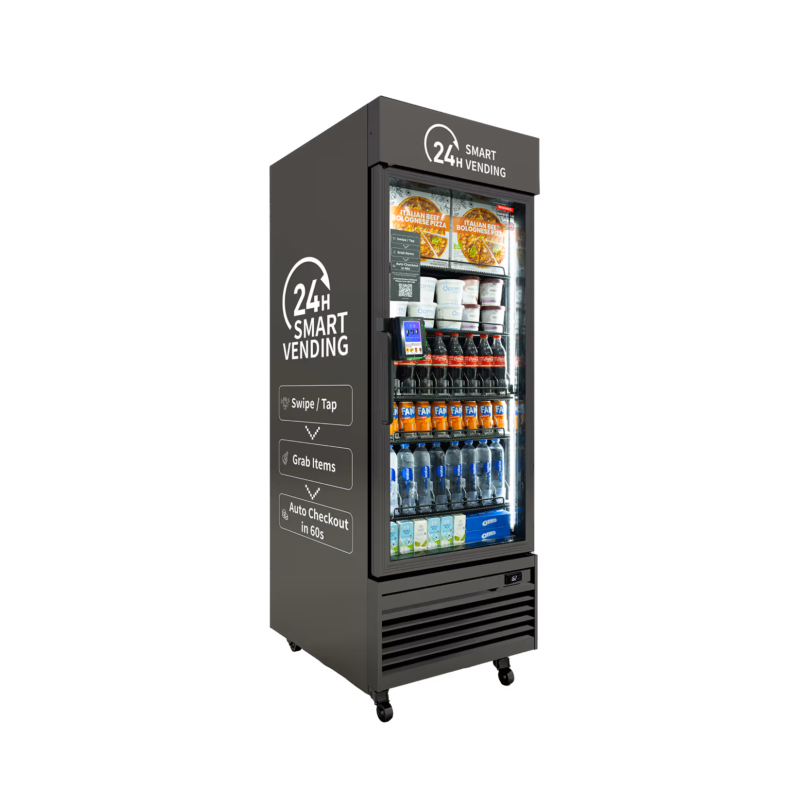 Angled side view of a gray 24H Smart Vending freezer with black interior shelving, frozen meals, drinks, side branding, and card reader.