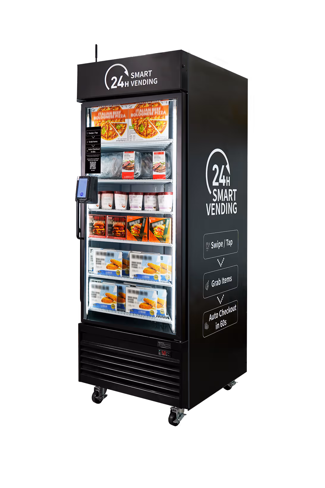 Angled right side view of a black 24H Smart Vending freezer with frozen food shelves, card reader, side branding, and checkout instructions.