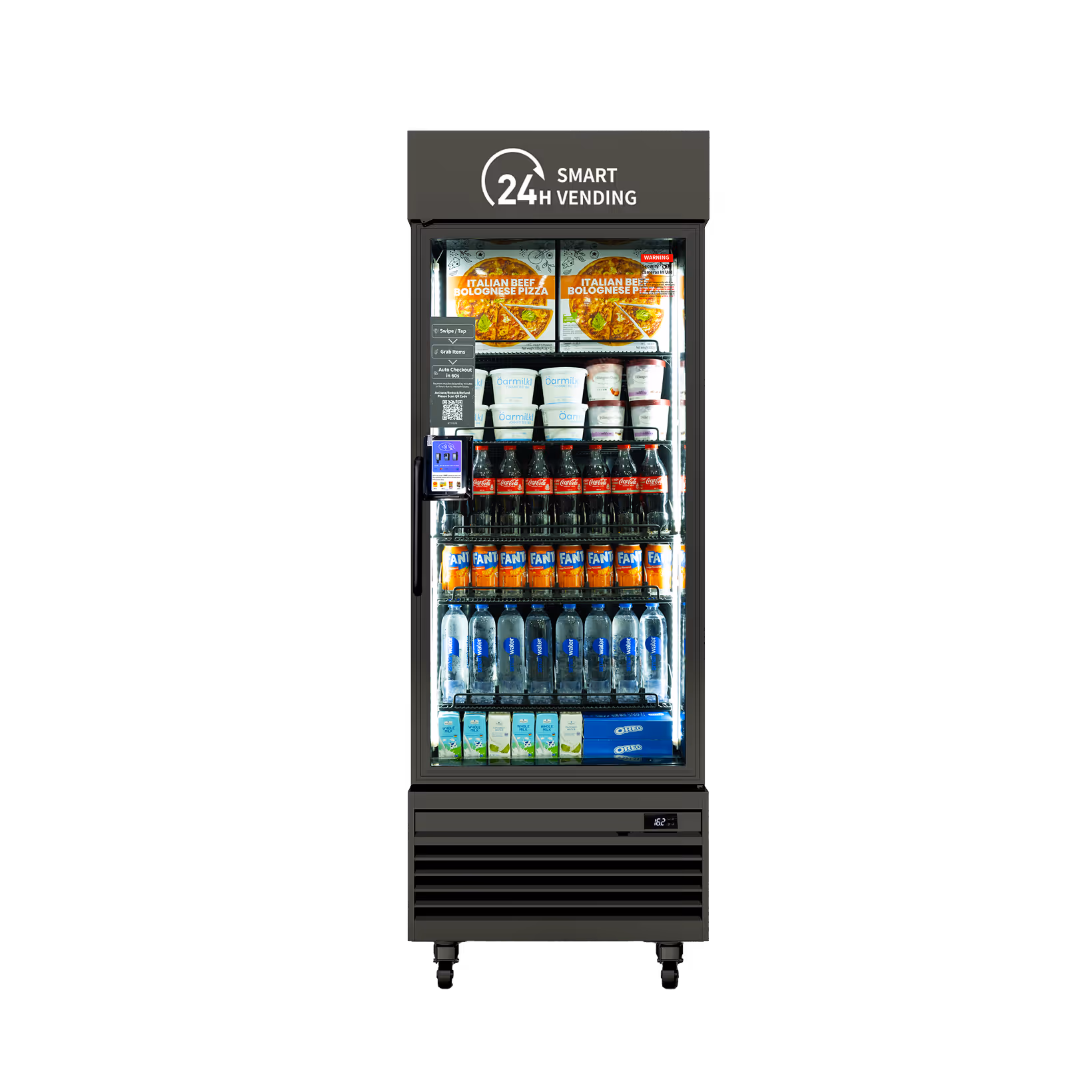 Front view of a gray 24H Smart Vending freezer with black interior shelving, stocked with frozen meals, drinks, snacks, and desserts.