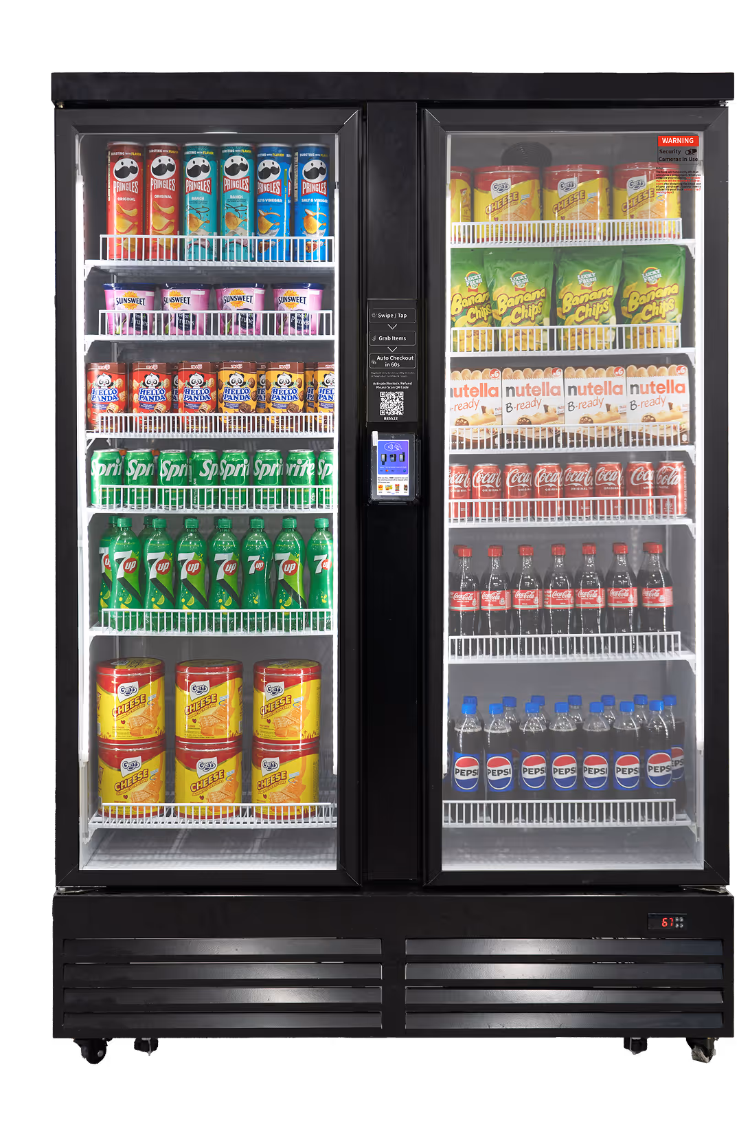 Front view of a black double-door 24H Smart Vending machine stocked with snacks, drinks, and packaged food, featuring glass doors, card reader, and QR checkout.