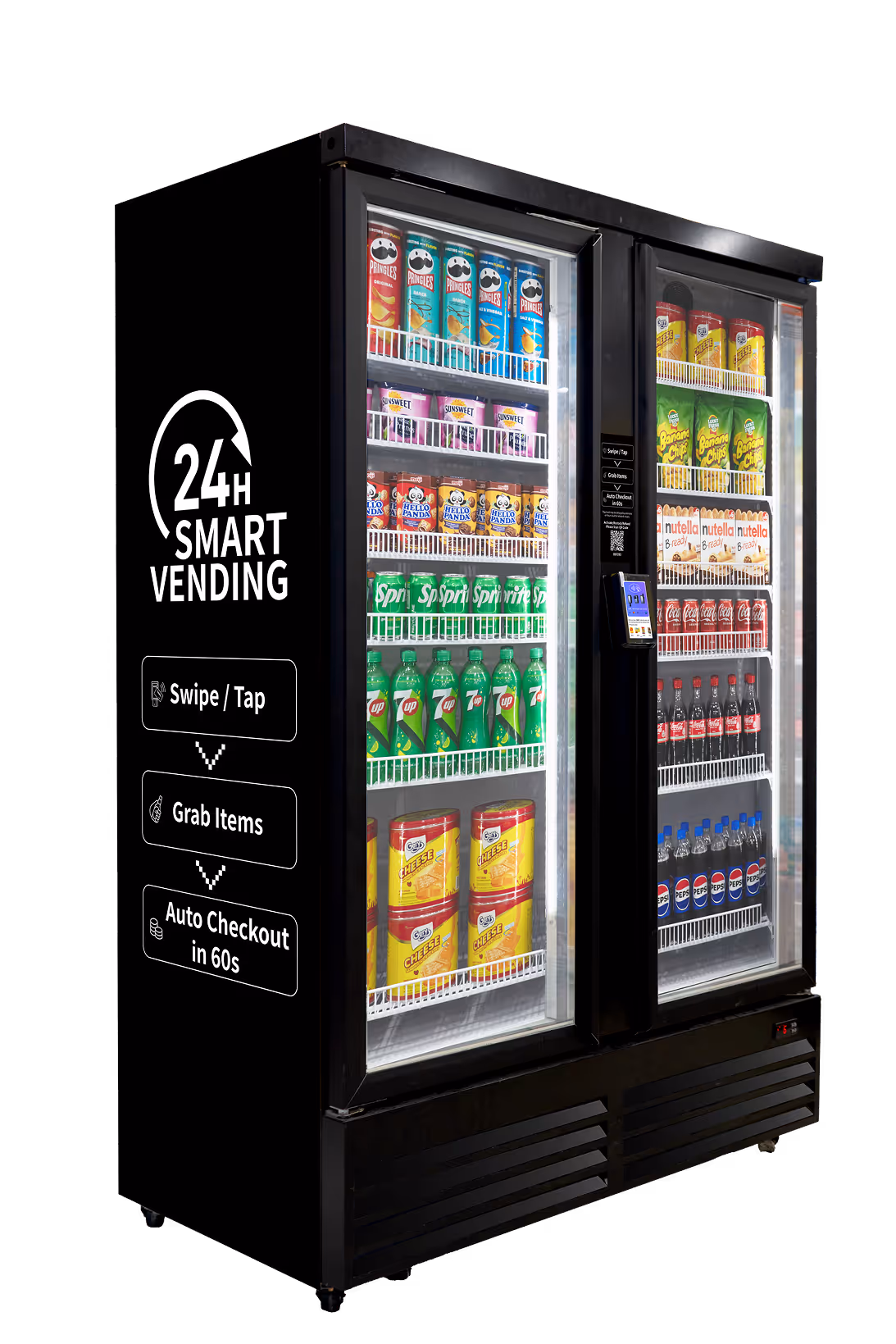 Angled left side view of a black double-door 24H Smart Vending machine with stocked snack and drink shelves, side branding, and auto-checkout instructions.