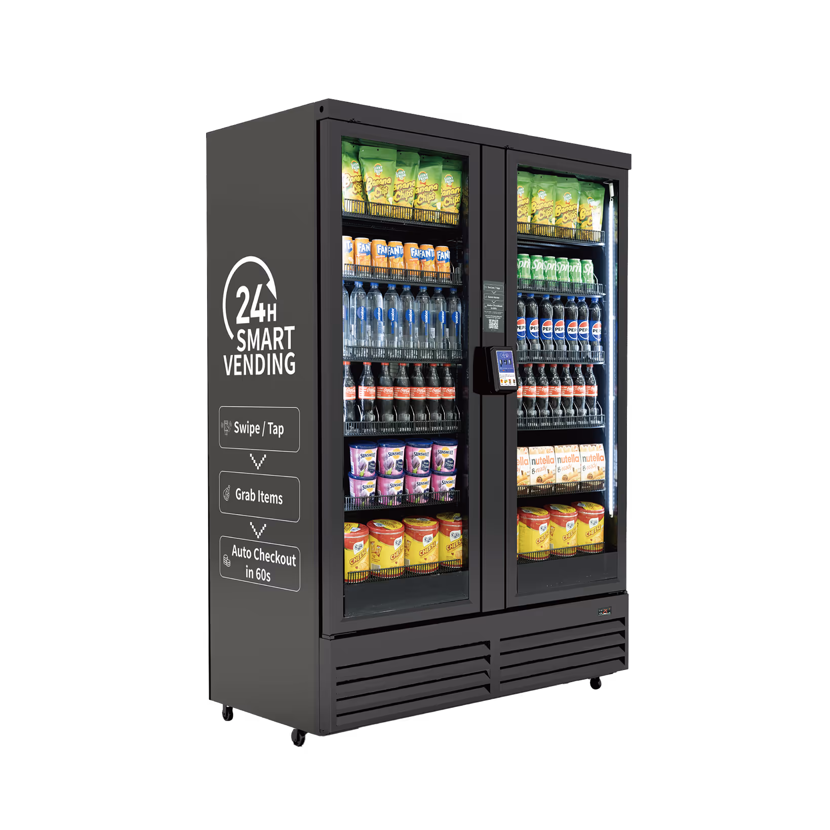 Angled side view of a gray double-door 24H Smart Vending machine with black interior shelves, stocked snacks and drinks, card reader, and checkout instructions.