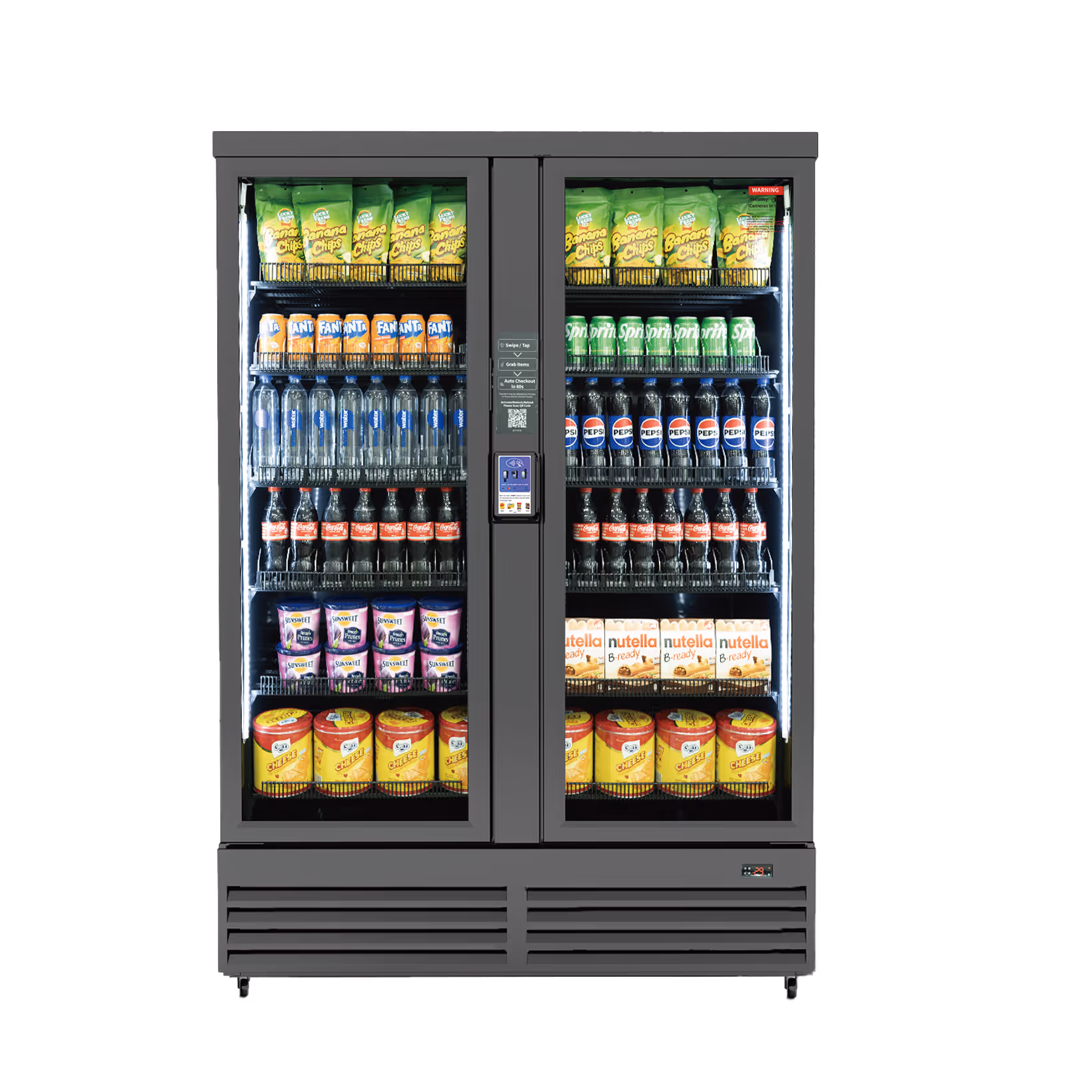 Front view of a gray double-door 24H Smart Vending machine with black interior shelving, stocked with drinks, snacks, and packaged food.