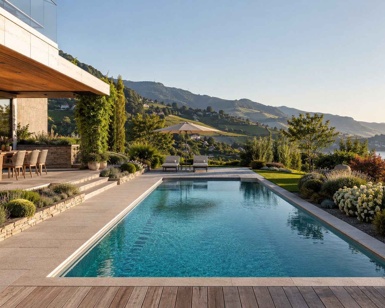 Piscine sur mesure d'une villa suisse surplombant les vignobles