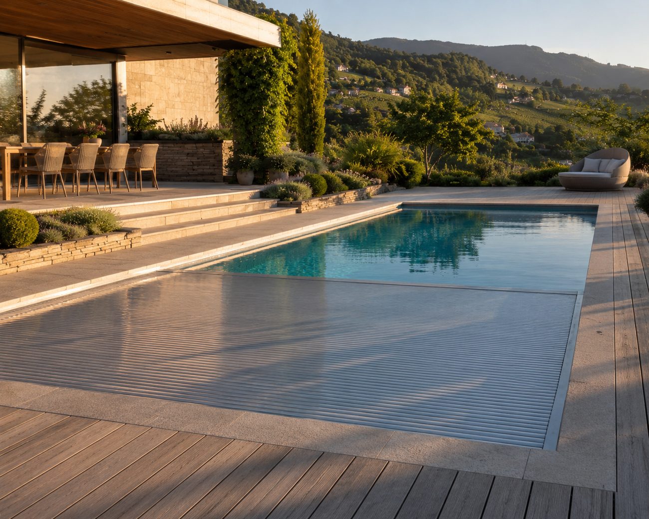 Piscine équipée d'un volet roulant immergé assurant sécurité et protection