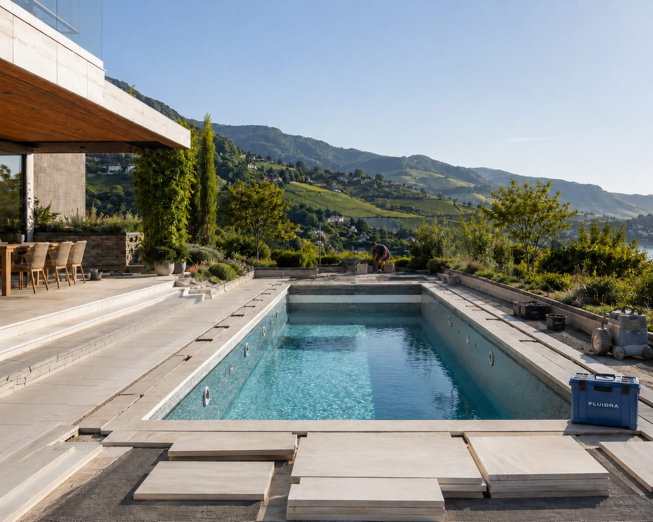Piscine sur mesure Poly-Constructions en fin de réalisation, terrasse en cours de pose